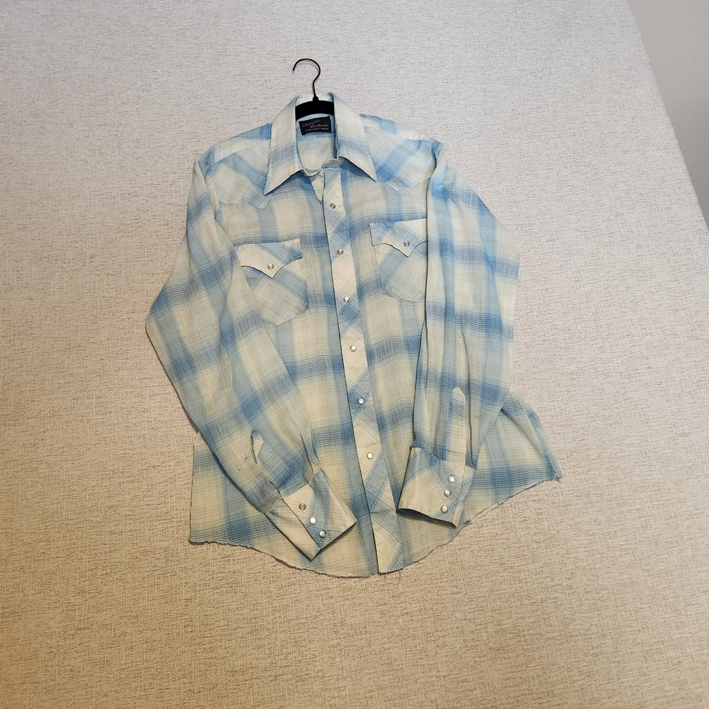Champion Westerns Snap Shirt Mens M Blue Shadow Plaid Vintage 70s Pearl Snap